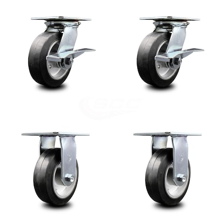 Service Caster 6 Inch Rubber on Aluminum Caster Set with Ball Bearing 2 Brakes and 2 Rigid SCC SCC-35S620-RAB-SLB-2-R-2